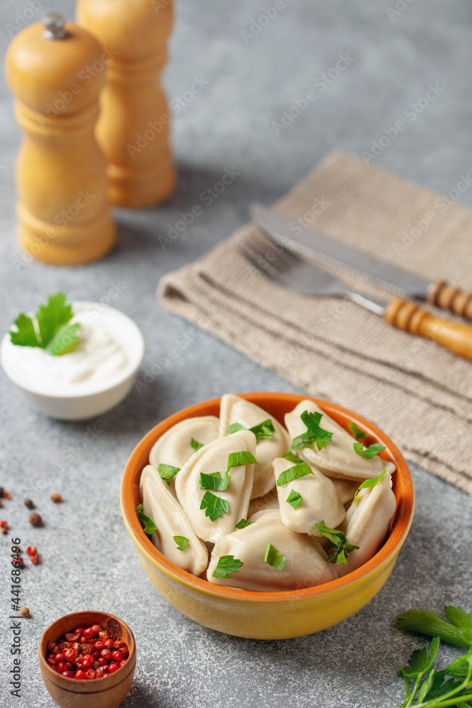 Dumplings, stuffed with mashed potatoes. Russian, Ukrainian or Polish dish vareniki. Dumplings, stuffed with mashed potatoes. Russian, Ukrainian or Polish dish vareniki.