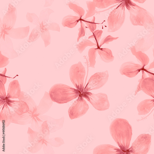 Coral Seamless Hibiscus. Gray Pattern Leaves. White Tropical Textile. Pink Spring Leaf. Flower Textile. Floral Nature. Flora Painting. Decoration Exotic.