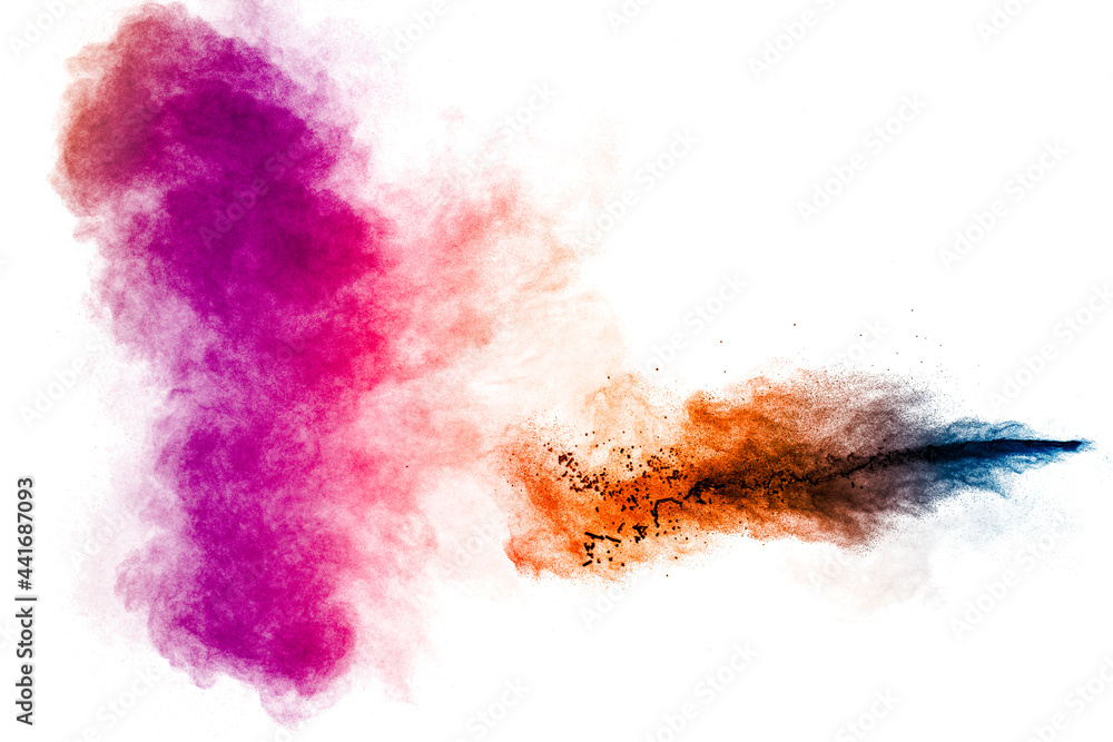 Multicolored particle exploding on white background. Colorful dust splashing.