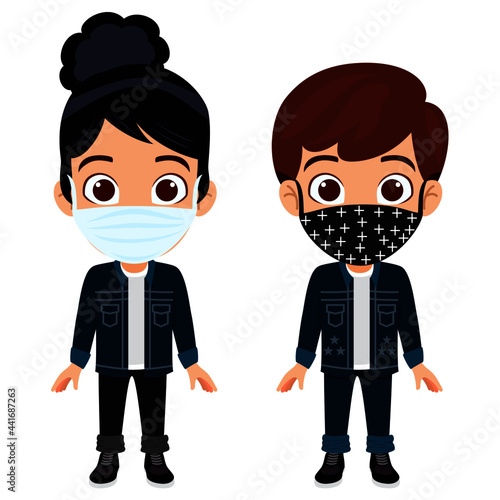 Kid boy and girl characters standing wearing beautiful outfit and fabric mask and posing waving