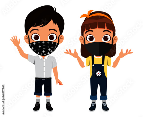 Kid boy and girl characters standing wearing beautiful outfit and fabric mask and posing waving