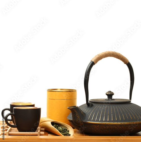 Closeup of tea set on white background 