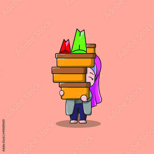 a lot box brings by one girl after shopping Vector Icon Illustration. people Icon Concept Isolated Premium Vector. Flat Cartoon Style and cute