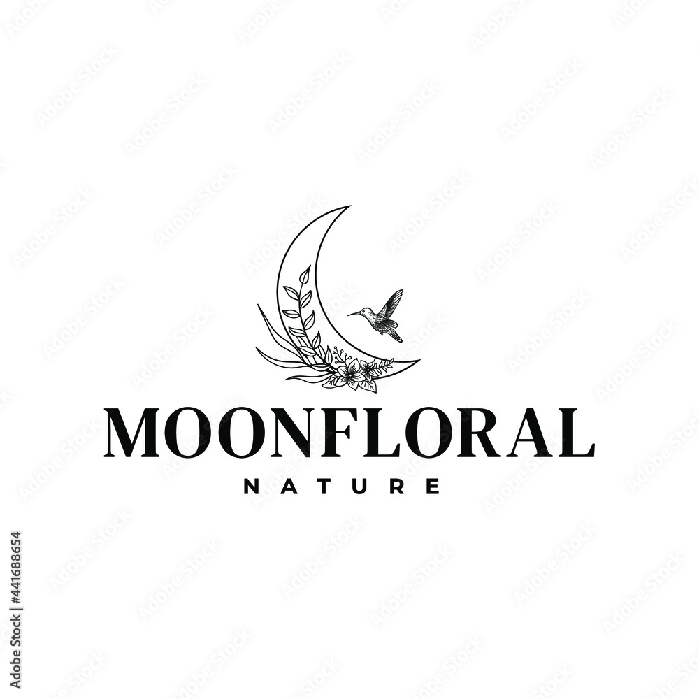 Fototapeta premium Cresent Moon With Flower Floral Leaves, Bird Hummingbird Logo Vector Illustration Template Icon Design 