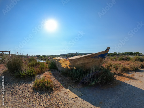 Boat abandoned on Italian beaches by immigrants who crossed the Mediterranean Sea. Migrants who come from African countries