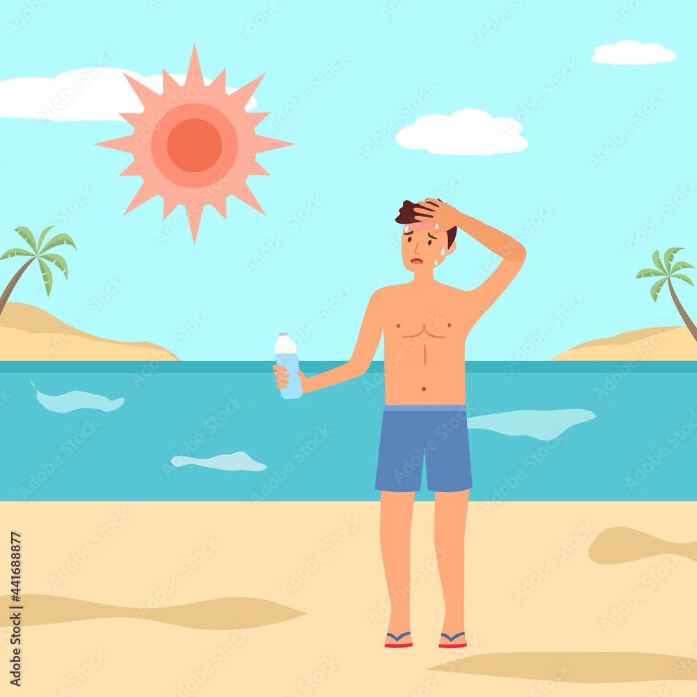 Man got sunburn and sweaty dehydration from strong sunlight at the beach. Guy holding a bottle of water nearby sea in flat design. Hot climate in summer.
