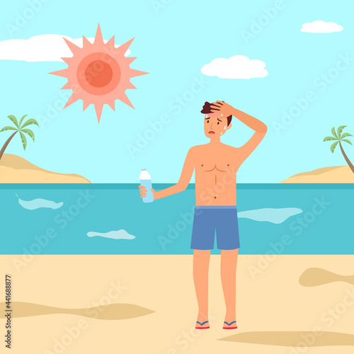 Man got sunburn and sweaty dehydration from strong sunlight at the beach. Guy holding a bottle of water nearby sea in flat design. Hot climate in summer.