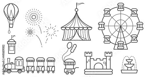 Amusement park outline icon set. Ferris wheel, circus, rides, balloon, bouncy castle, train, fireworks, fountain shopping cart. Vector line objects