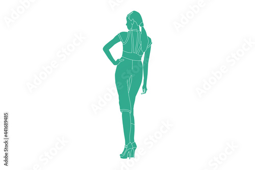 Vector illustration of casual woman posing looks from behind  Flat style with outline
