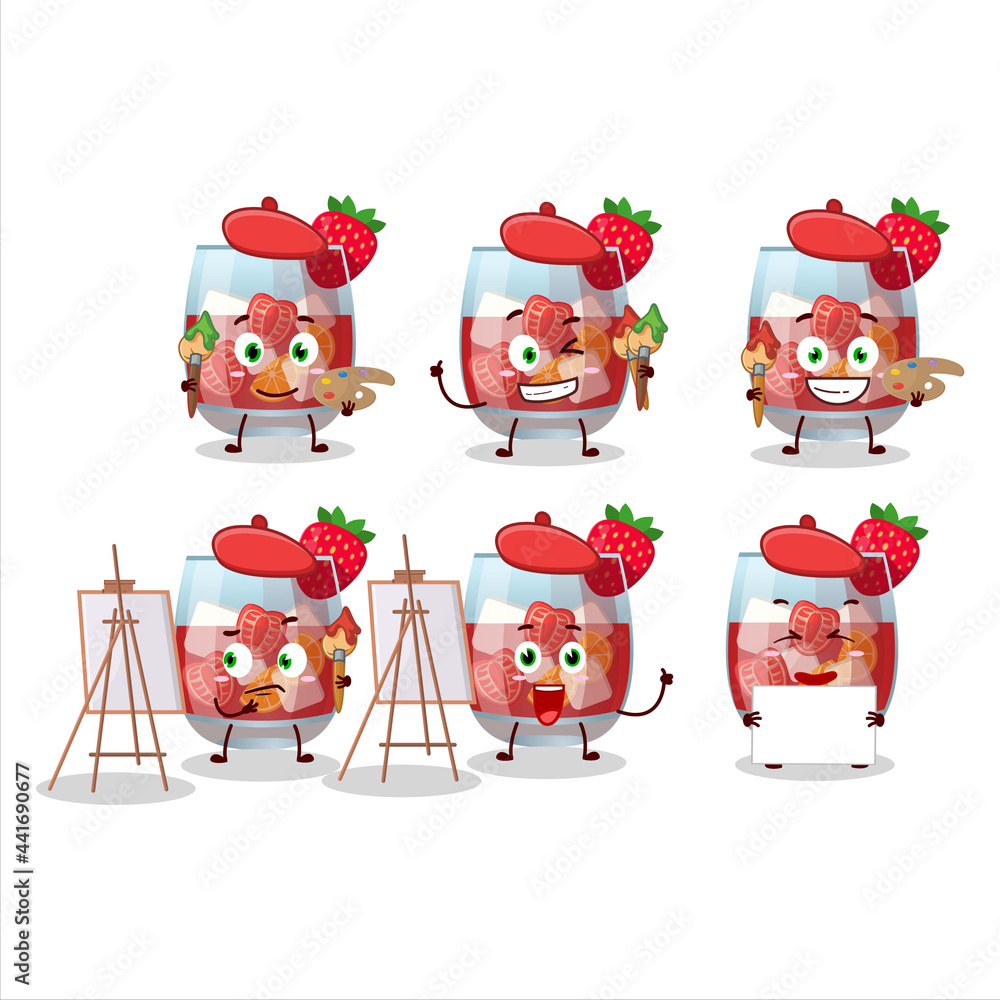 Fototapeta premium Artistic Artist of glass of sangria cartoon character painting with a brush