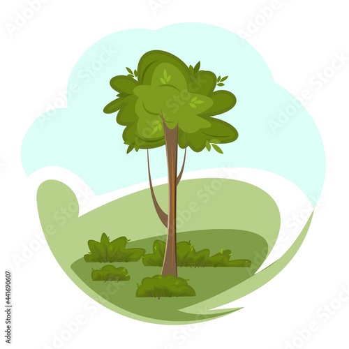 Tree. Green rural landscape with hills and hills. Flat cartoon style. The illustration is isolated on a white background. Vector
