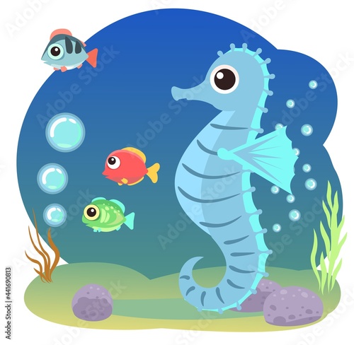 Little landscape. Sea Horse. Underwater life. Wild animals. Ocean, sea. Summer water. Isolated on white background. Illustration in cartoon style. Flat design. Vector art