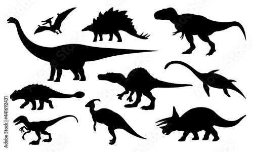 Fototapeta Naklejka Na Ścianę i Meble -  Collection of Dinosaurs Silhouettes Isolated on White Background. Vector Illustration