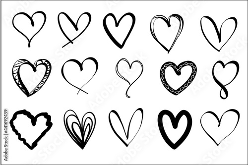 Heart vector set hand drawing. Black heart shape doodle art sketch style, icon, vector illustration
