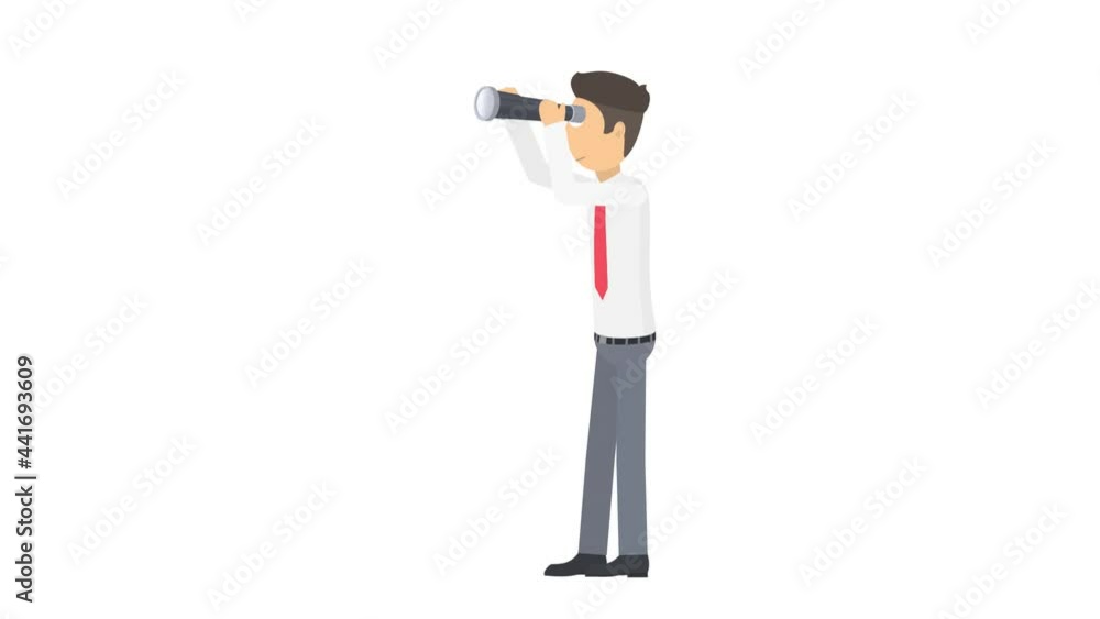Businessman with spyglass. Animation of looking through a telescope, the alpha channel is turned on. Cartoon Businessman with spyglass. Animation of looking through a telescope, the alpha channel is turned on. Cartoon