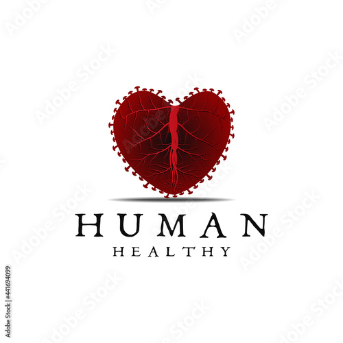 Heart Love with Corona Virus Logo Design, Form for Social Care Humanity