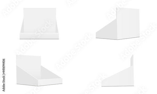 Set of Cardboard Counter Display Boxes Mockups with Various Views, Isolated on White Background. Vector Illustration