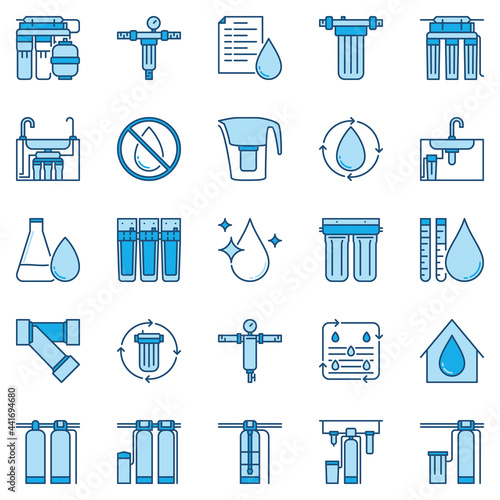 Water Purification and Filters blue concept vector icons