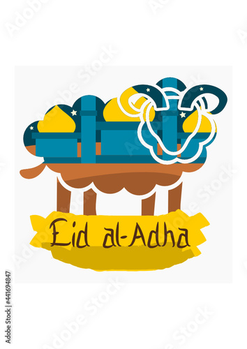 Editable Vector of Isolated Sheep Silhouette Shape Contains Mosque Illustration with Brush Strokes Banner for Artwork Elements of Eid Al-Adha or Islamic Holy Festival Design Concept