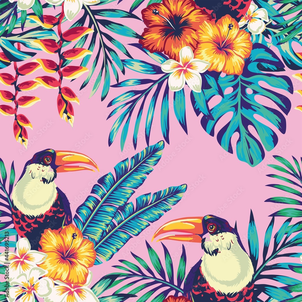 Naklejka premium Tropical bird toucan and multicolor parrot on the background of exotic hibiscus flower and palm leaf. Summer floral plant print. Nature animals wallpaper. Seamless vector pattern