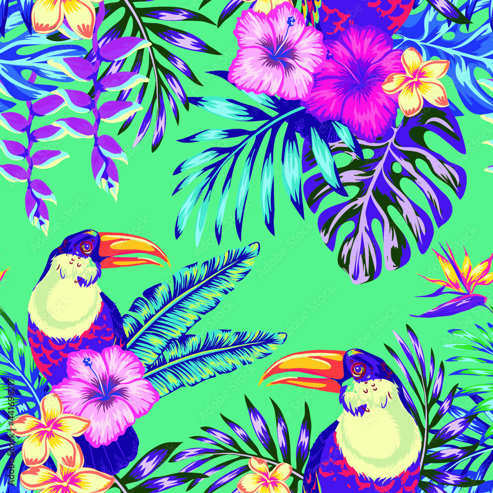 Fototapeta premium Seamless vector pattern, Tropical bird toucan and multicolor parrot on the background of exotic hibiscus flower and palm leaf. Summer floral plant print. Nature animals wallpaper.