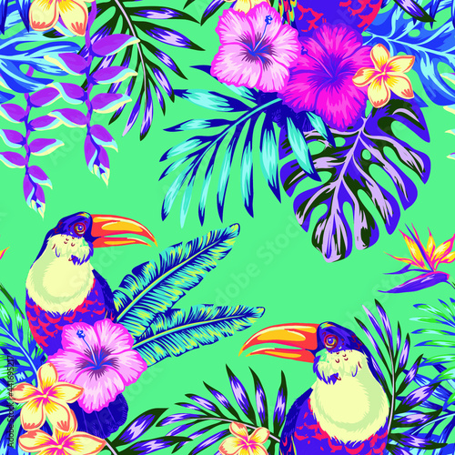 Seamless vector pattern  Tropical bird toucan and multicolor parrot on the background of exotic hibiscus flower and palm leaf. Summer floral plant print. Nature animals wallpaper.