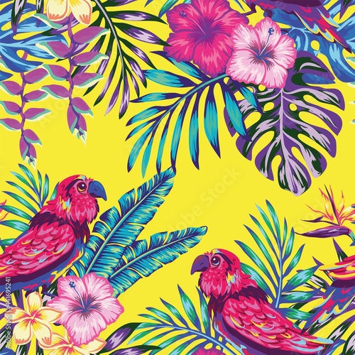 bird of paradise flower, Hand-drawing seamless pattern with tropical birds on the background of exotic hibiscus flower and palm leaf. Summer floral plant print. Nature animals wallpaper. Seamless vect photo