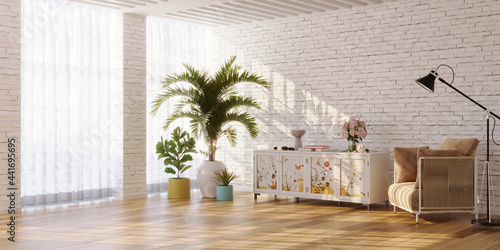Minimalist interior of living room with with flower painted sideboard and plants, 3d render 