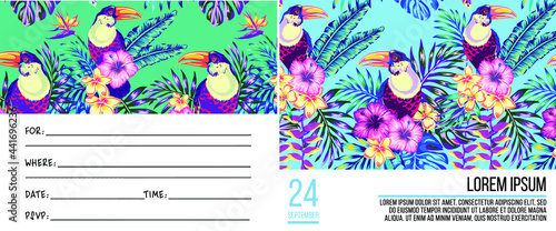 set of tropical images for magazines and invitations, decorated with tropical patterns, tropical patterns on the lima for typing, decorated with palm leaves and tropis flowers