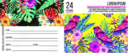 set of tropical images for magazines and invitations, decorated with tropical patterns, tropical patterns on the lima for typing, decorated with palm leaves and tropis flowers