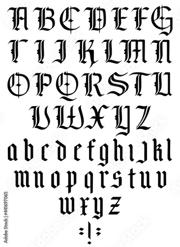Gothic alphabet. Medieval gothic font with capitals and lowercase caps. Vintage font. Typography for labels, headlines, posters etc.