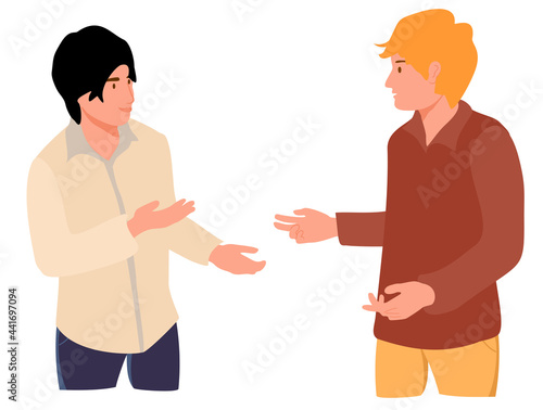 Two young people speaking together. Teenage or adult male characters talking. Scene of dialog between cartoon faceless men. Discussion, exchange of ideas. Flat vector illustration isolated