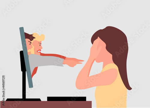 Girl having stress after reading angry comments. An upset angry girl sits by the table, looks laptop monitor and fights for cyberbullying. Social media shame the victim. Stop blaming the victim.