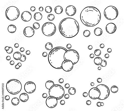 Soap bubbles isolated. Bubbles sketch line icons set. Soap foam, fizzy drink, oxygen bubble pictogram, effervescent effect vector illustrations, outline signs. Fizzing air bubbles stream.