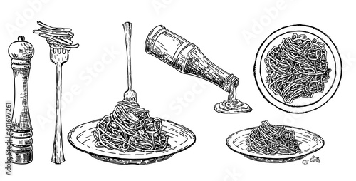 Set Italian pasta on fork and plate. Traditional Italian pasta. Spaghetti sauce, spices and seasonings. Vector vintage illustration isolated on white. Engraving style. Hand drawing sketch.