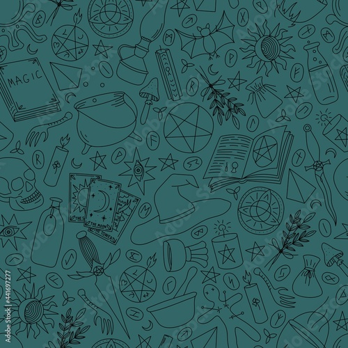 GREEN SEAMLESS BACKGROUND WITH SILHOUETTES OF OBJECTS FOR MAGIC