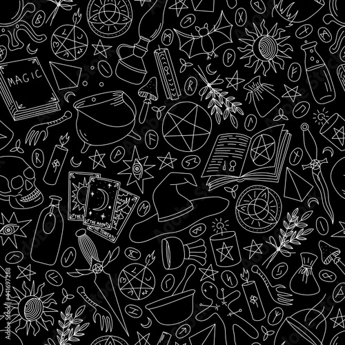 BLACK SEAMLESS BACKGROUND WITH SILHOUETTES OF OBJECTS FOR MAGIC