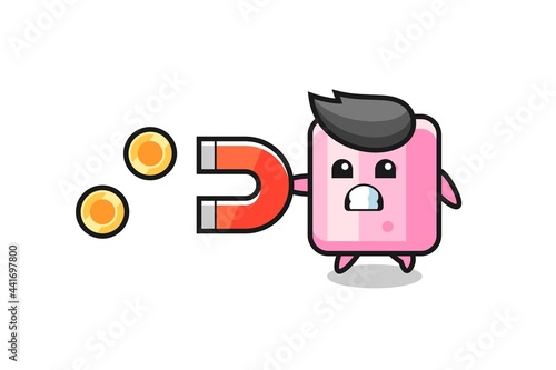 the character of marshmallow hold a magnet to catch the gold coins