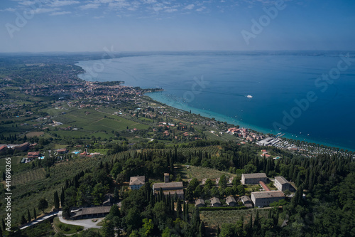 Monastery on the Eremo di San Giorgio hill,.Lake Garda, Italy. Aerial view of Eremo di San Giorgio, Bardolino. Aerial panorama Monastery on the hill.