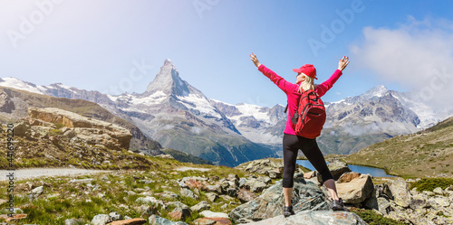 Photography Woman on mountain top of mountain landscape around lake and blue sky