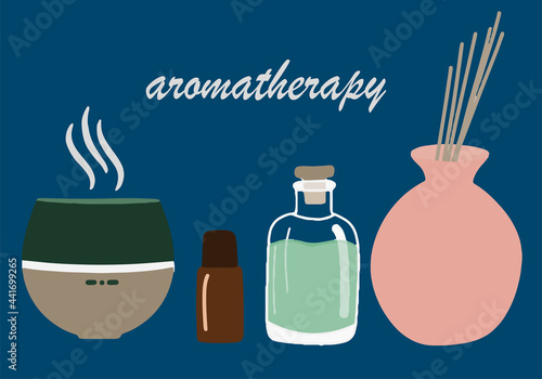 Collection of elements for face and body massage, oil, aroma diffuser, aroma lamp, a set of beauty illustrations, spa and wellness therapy, cartoon flat illustration, body care, vector beauty icons