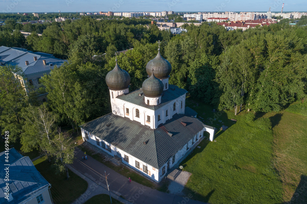 Top view of the ancient Cathedral of the Nativity of the Blessed Virgin Mary in June afternoon. Antoniev monastery. Veliky Novgorod, Russia