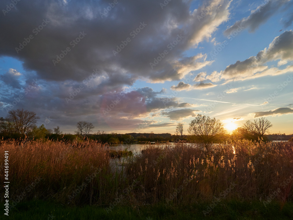 Sonnenuntergang im Vogelschutzgebiet NSG Garstadt bei Heidenfeld im Landkreis Schweinfurt, Unterfranken, Bayern, Deutschland