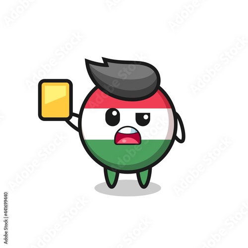 cartoon hungary flag badge character as a football referee giving a yellow card