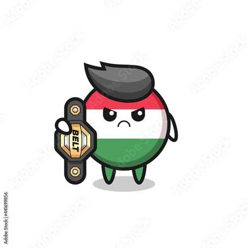 hungary flag badge mascot character as a MMA fighter with the champion belt