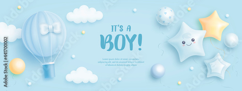 Baby shower horizontal banner with cartoon hot air balloon, helium balloons and clouds on blue background. It's a boy. Vector illustration