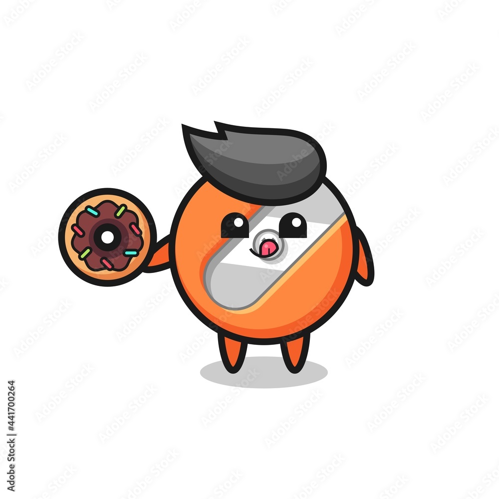 illustration of an pencil sharpener character eating a doughnut