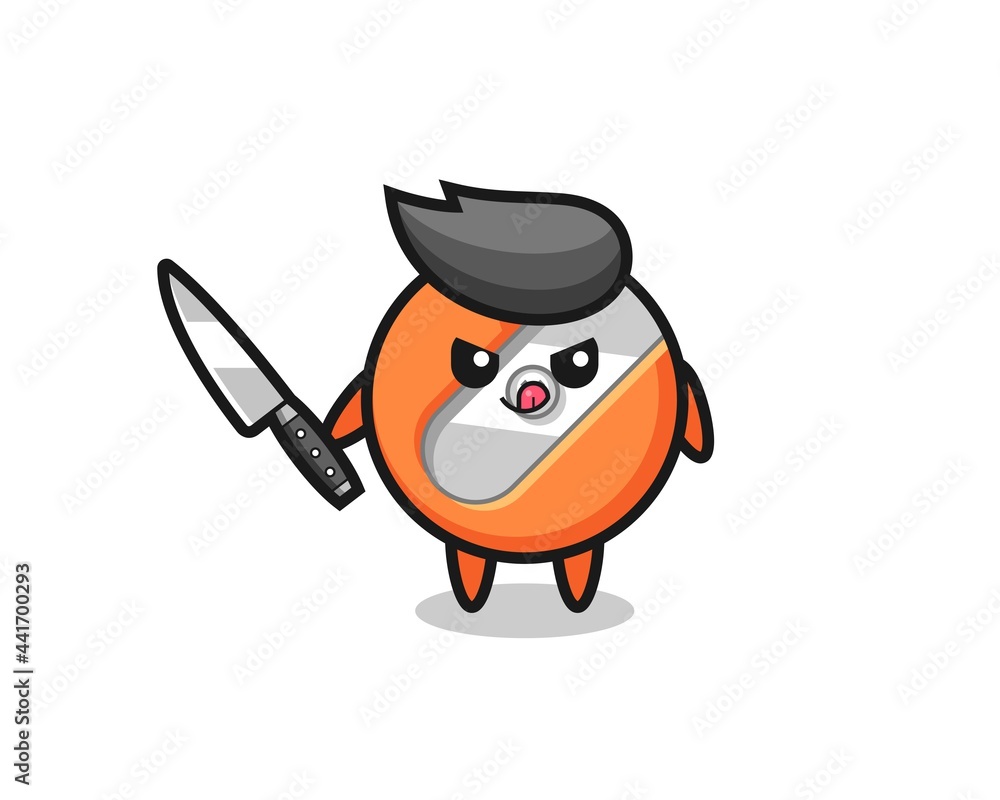 cute pencil sharpener mascot as a psychopath holding a knife