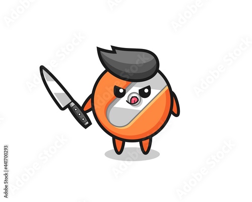 cute pencil sharpener mascot as a psychopath holding a knife