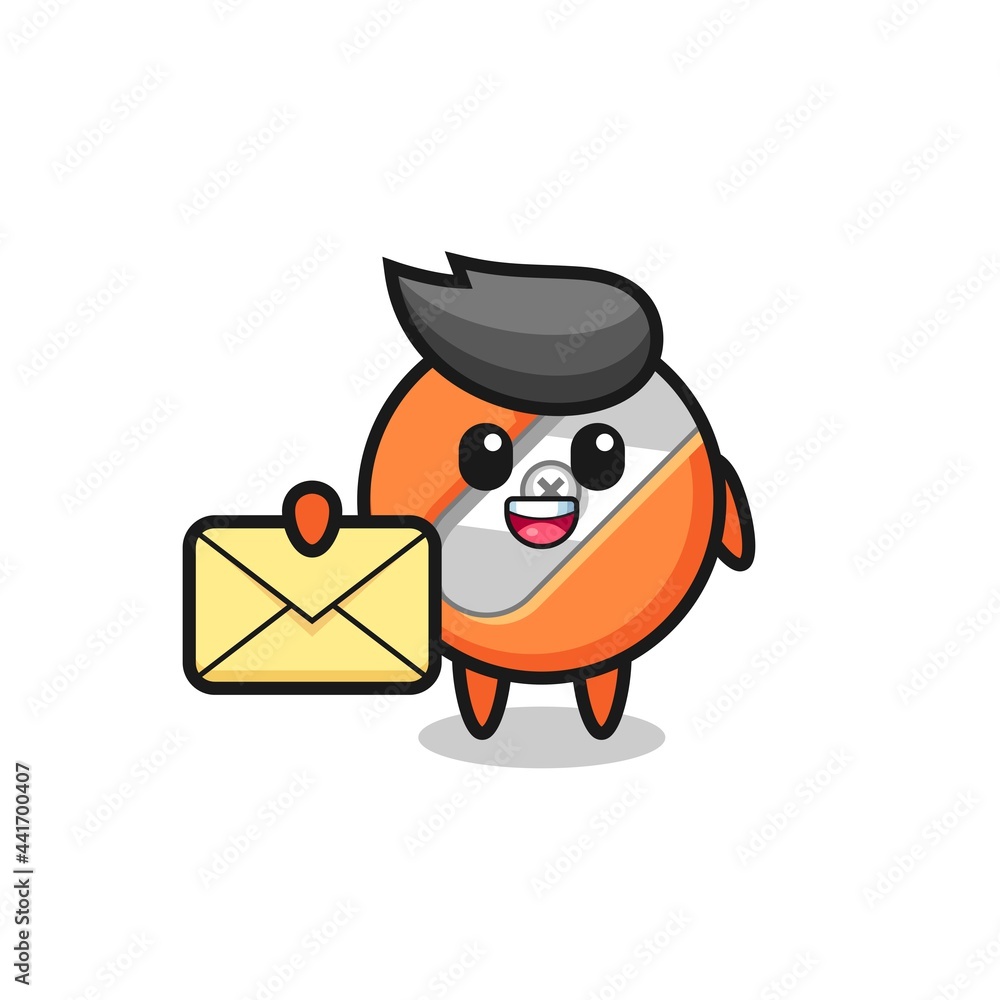cartoon illustration of pencil sharpener holding a yellow letter cartoon illustration of pencil sharpener holding a yellow letter